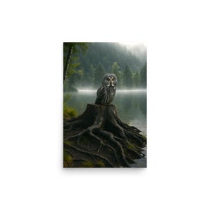 May include: A print of a Great Grey Owl perched on a tree stump near a lake. The owl has gray and white feathers and yellow eyes. The background features a misty lake and evergreen trees.