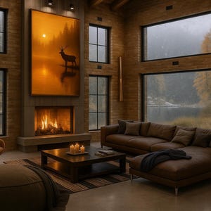 May include: A cozy living room with a large brown sectional sofa, a fireplace, and a large painting of a deer in a lake. The room has large windows with a view of a lake and trees. The walls are brick.
