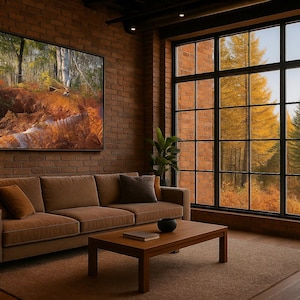 May include: A living room scene featuring a brown sofa, a wooden coffee table, and a large framed artwork depicting a forest landscape. A large window offers a view of autumn trees. The room has a brick wall.