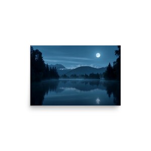 May include: A serene landscape print featuring a tranquil lake reflecting the night sky. The image showcases a full moon, silhouetted trees, and distant mountains, all bathed in cool blue tones, creating a peaceful, natural scene.