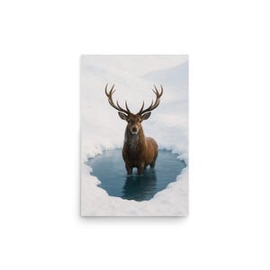 May include: A canvas print featuring a majestic brown deer with large antlers standing in a pool of water surrounded by snow. The deer is facing forward, with a serene expression. The background shows snow-covered hills.