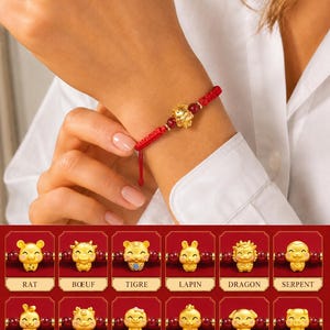 Armband met Chinese dierenriemtekens en rood koord, geluksdier: Rat, Os, Tijger, Konijn, Draak, Slang, Paard, Geit, Aap, Haan, Hond, Varken