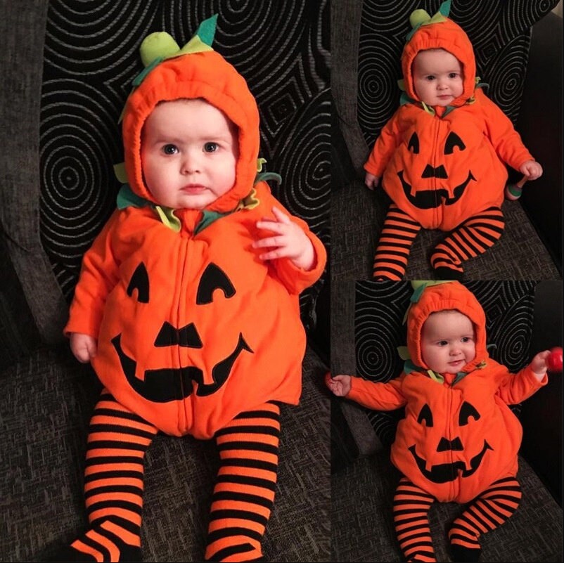 Toddler Infant Baby Boy Girl Pumpkin Halloween Costumes Romper Bodysuit Outfit with Hat 0-3T 