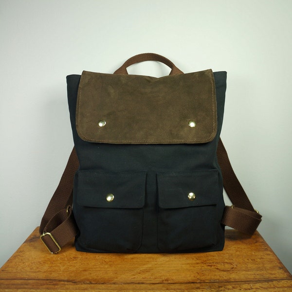 City Backpack in Black Twill/ Backpack/ Men/ Laptop Bag/ Brown Suede/ Handmade in New York