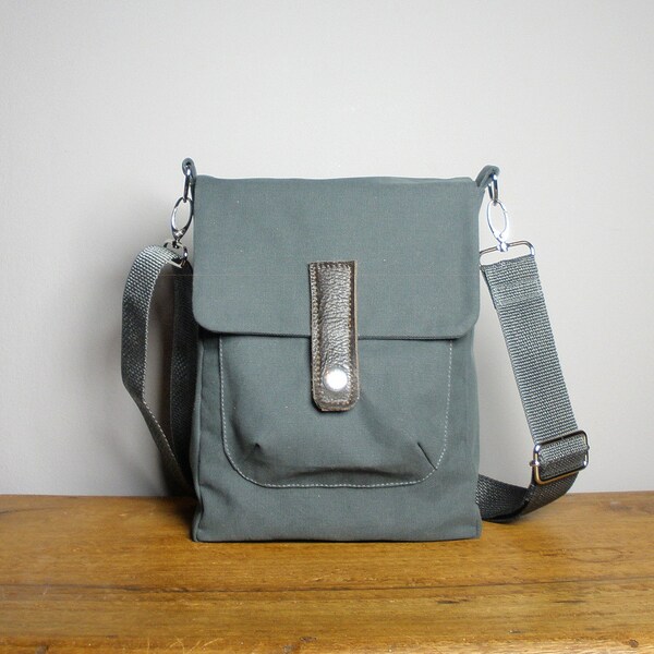 Mini Crossbody Messenger Bag in Gray Canvas, Leather trim, Removable Strap, Handmade in New York