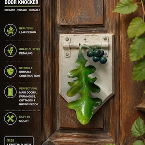 Puede incluir: Aldaba de puerta artesanal con diseño de hoja verde y detalles de racimo de uvas. La aldaba mide 23 cm de largo y 15 cm de ancho. El texto en la imagen dice "Elegante, Vintage, Duradero".