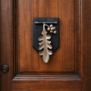 May include: A decorative door knocker with a black shield-shaped backplate. It features a detailed metal leaf and cluster of grapes in a bronze finish, mounted on a dark wooden door. The door has a rich, warm brown tone.