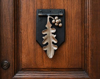 Hand Forged Oak Leaf Rustic Iron Door Knocker, Medieval Style Door Hardware, Vintage