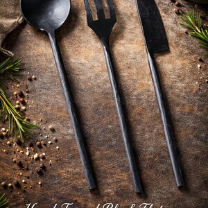 Hand Forged Black Flatware Set: Viking Style Knife, Fork, Spoon (8.5 Inch)