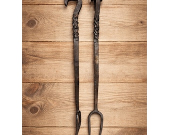 Hand Forged Iron Fire Poker Set – Medieval Roasting Fork, 14 Inch Rustic BBQ Pit Tool