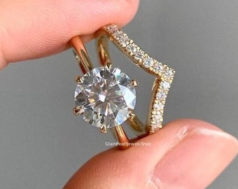 3 Ct Round Diamond Moissanite Bridal Set, V Shape Curved Band, 14K Solid Gold Wedding Bridal Set, 6 Prong Solitaire Ring Set, Matching Band