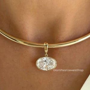 East West Oval Moissanite Bezel Set Pendant, 14K Gold Solitaire Diamond Charm Pendant Women