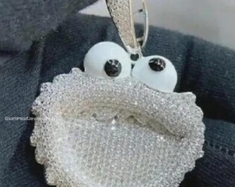 Colgante de moissanita de corte redondo con cara de dibujos animados, colgante de plata de ley estilo hip hop.