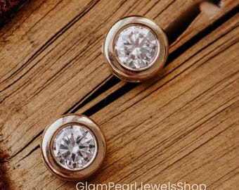 Bezel Set Round Cut Moissanite Stud Earring, 14K Solid Gold Solitaire Daily Wear Earring
