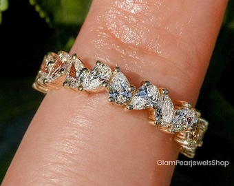 Pear Cut Moissanite Eternity Band, Stackable Wedding Ring, Anniversary Band, Sterling Silver, Solid Gold