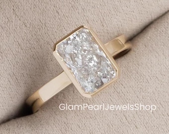 Anello di fidanzamento con moissanite taglio radiante da 3 carati incastonata a castone, anello nuziale solitario radiante, anello di promessa incastonato a castone per donna