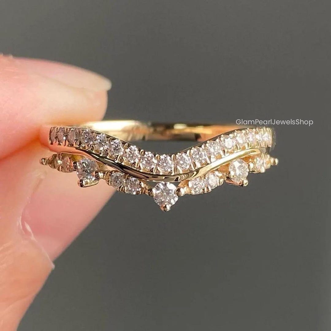 14K Solid Gold Pave Set Half Eternity Stacking Band, Round Moissanite ...