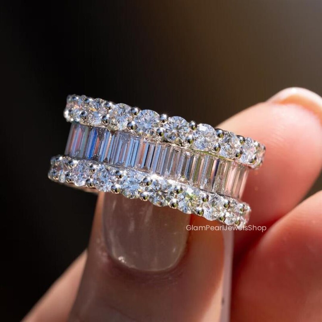 Baguette & Round Moissanite Wide Wedding Band 18K Solid Gold Full ...