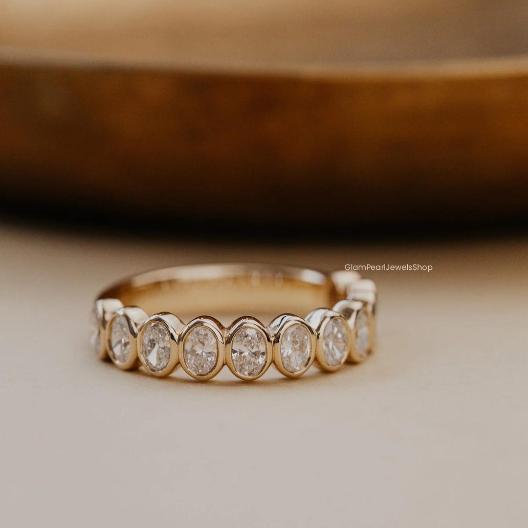Bezel Set Oval Cut Moissanite Wedding Band : 14K Yellow Gold Half ...