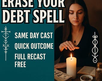 Op de afbeelding: Afbeelding met tekst die luidt "Erase Your Debt Spell". Aanvullende tekst luidt "Same Day Cast, Quick Outcome, Full Recast Free". Een brandende kaars, geld, een boek en een kleine kom staan op een houten oppervlak.