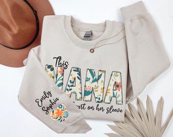 Custom Sweatshirt for Nana, Christmas Gift for Nana, I Wear My Heart On My Sleeve, Nana Hoodie with Grandkids Name on Sleeve, Xmas Nana Gift