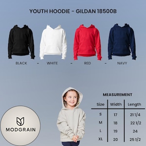 May include: Youth hoodie in black, white, red, and navy blue. The image shows the Gildan 18500B hoodie in multiple colors. A child is wearing a light gray hoodie. Measurement chart shows width and length in inches.