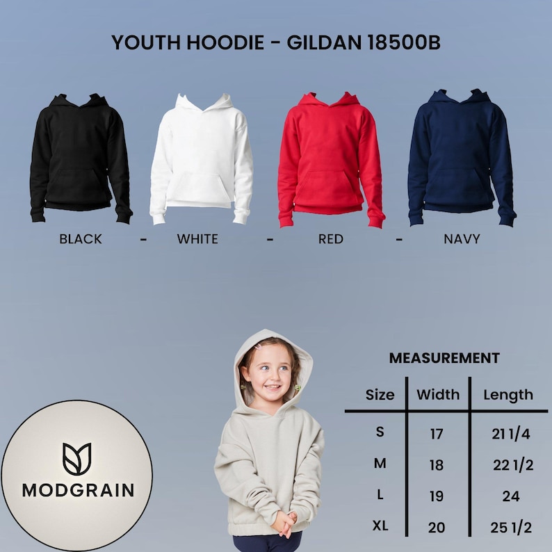 May include: Youth hoodie in black, white, red, and navy blue. The image shows the Gildan 18500B hoodie in multiple colors. A child is wearing a light gray hoodie. Measurement chart shows width and length in inches.