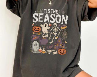 Comfort Colors®Vintage Halloween Shirt, Retro Tis The Season Skeleton Pumpkin Ghost Halloween TShirt, Halloween Witch Hat Shirt