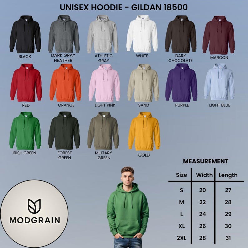 May include: A variety of unisex hoodies in various colors, including black, gray, white, red, and green. The image also displays a size chart with measurements in inches. The brand logo is visible at the bottom.