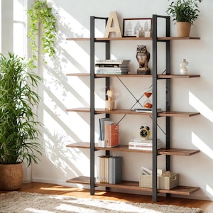 5-Tier Bookshelf 72 Inch | Vintage Industrial Bookcase with Metal Frame & Wood Shelves, Rustic Storage Rack for Living Room and Office