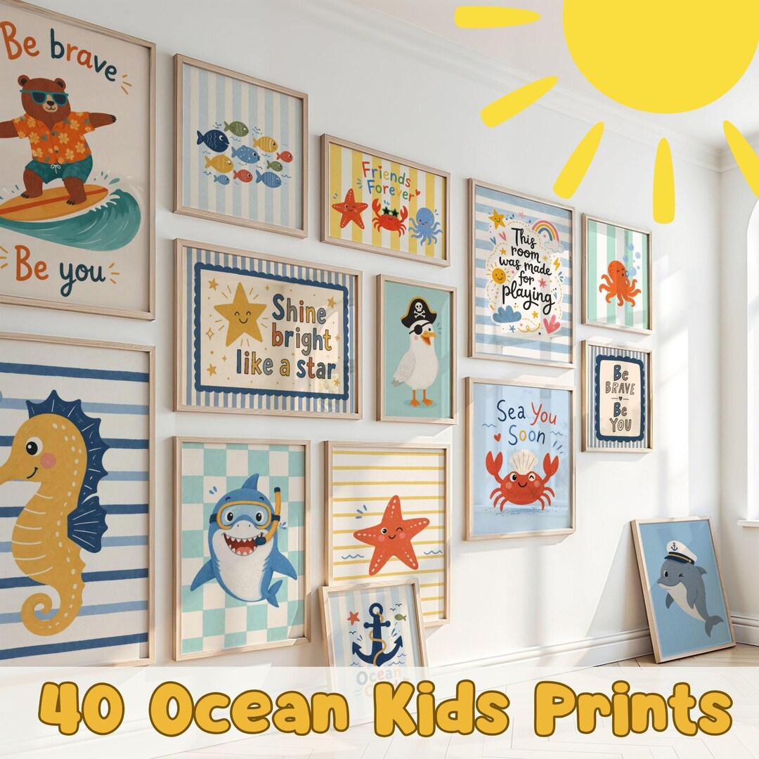 Ocean Blue Nursery Wall Art, 40 Prints Set, Coastal Kids Room Decor ...