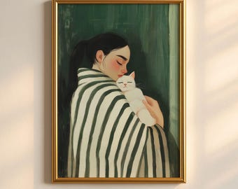 Emerald Green Woman with Cat Art Print, Striped Blanket (Digital Download)