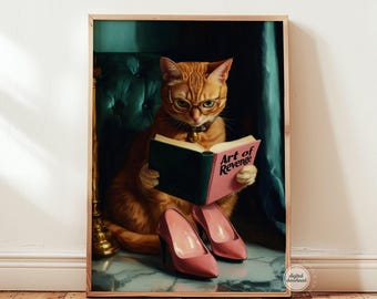 Funny Cat Reading Art Print: Red Tabby in Heels (Digital Download)