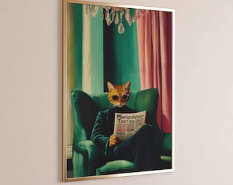 Whimsical Cat Reading Wall Art, Funny Pet Print, Quirky Animal Decor (Digital Download)