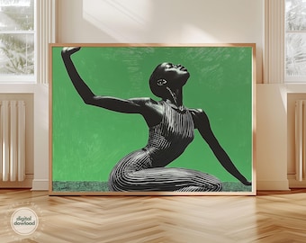 Black Girl on Green Art, Printable African Wall Art, Emerald Green Print, Modern Abstract Art, Trendy Black Woman Poster Digital Download