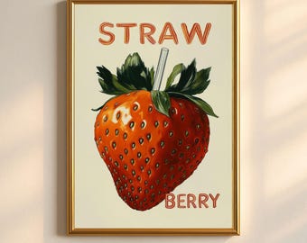 Retro Strawberry Kitchen Print, Minimalist Fruit Poster (Digital Download)