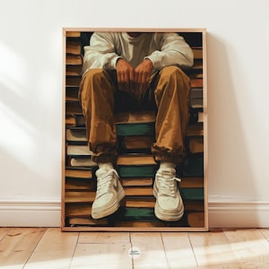 May include: A framed art print depicts a person seated on a stack of books. The person wears a white long-sleeve shirt, brown pants, and white sneakers. The books are various colors, and the artwork is set against a white wall and wooden floor.