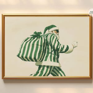 Striped Green Santa Wall Art, Minimalist Christmas Print, Modern Santa Claus Art, Unique Holiday Art, Trendy Xmas Decor, Digital Download