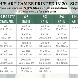 May include: A chart detailing print sizes for artwork, including 5:7, 4:5, 2:3, 3:4, and 11:14 ratios. Sizes are listed in inches and centimeters, such as 4x5 inches and 10x12 cm. The text at the top reads: "THIS ART CAN BE PRINTED IN 20+ SIZES."
