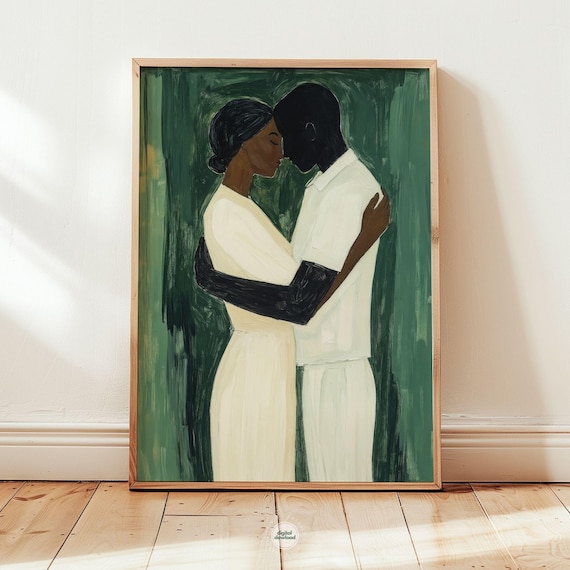 Black Couple Embrace Art Print, Emerald Green, Afrocentric Love (Digital Download)