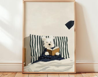 Dog Reading in Bed Print, Quirky Bedroom Wall Art, Whimsical Animal Poster for Kids Nursery Decor, Digital Download