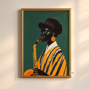 May include: A framed art print featuring a stylized illustration of a person playing a saxophone. The artwork showcases a person with dark skin, wearing a hat, earrings, and a striped yellow and blue garment. The saxophone is yellow, set against a green background.