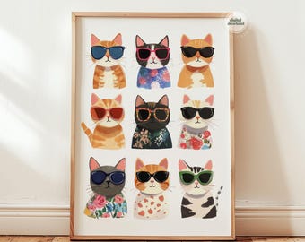 Cool Cats Nursery Wall Art, Whimsical Animal Print for Kids Room, Funny Cat Poster, Playful Children Decor, Cute Pet Art, Digital Download