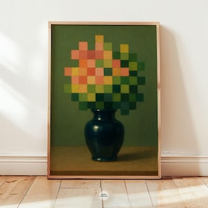 May include: A framed art print featuring a still life of flowers in a vase. The flowers are composed of pixelated squares in shades of pink, orange, yellow, and green. The vase is dark blue, set against a green background.