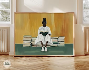 Black Woman Reading Book Art Printable Minimalist Wall Art Home Library Decor Yellow and Green Print Modern Abstract Poster Digital Download