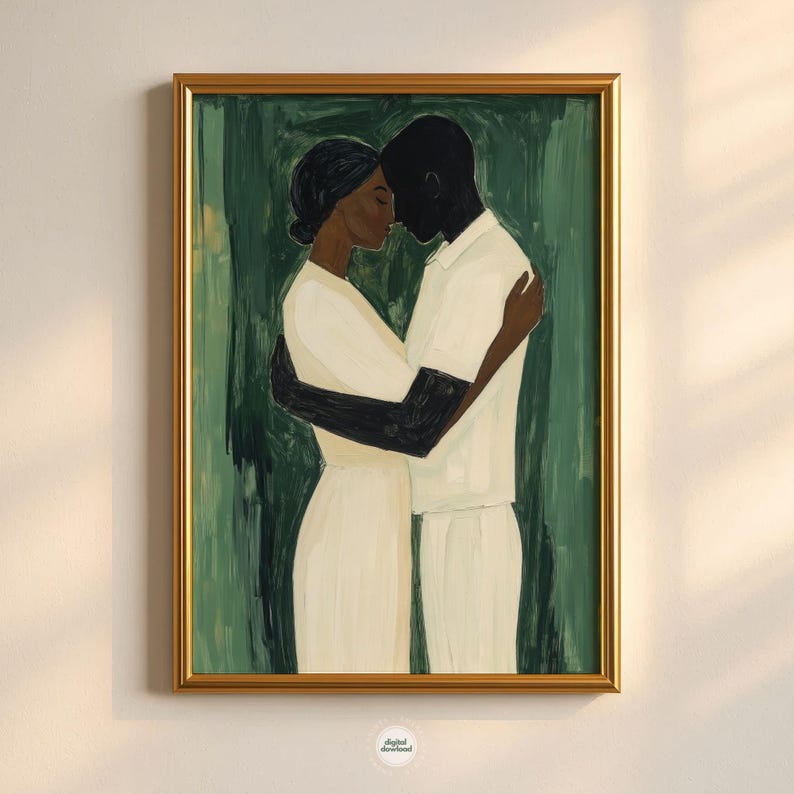 May include: A framed art print featuring an embrace between two figures. The artwork depicts a man and woman in a close embrace, with the woman in a white dress and the man in a white shirt. The background is a textured green, and the frame is gold.