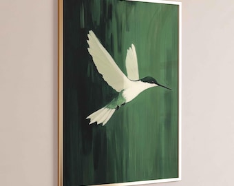 Arte de parede para impressão de beija-flor verde, pintura minimalista de pássaro, decoração moderna com natureza, impressão artística em verde-sálvia, download digital