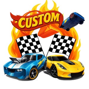 Puede incluir: Un gráfico vibrante con dos coches de carreras, uno azul y otro amarillo, con banderas a cuadros y llamas. La palabra "CUSTOM" se muestra en una fuente ardiente, con un coche azul en el aire. Un diseño dinámico para entusiastas de los coches.
