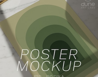May include: A poster mockup featuring a layered arch design in shades of green and tan. The text "POSTER MOCKUP" is prominently displayed. The image also includes the text "PSD ISO DIN A 2160 x 2960 px 2 SCENES" and the "dune ART LABS" logo.