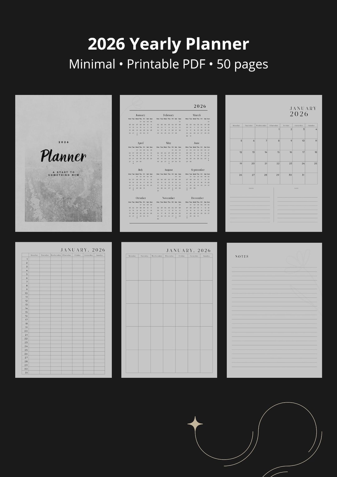 2026 Yearly Planner | Minimal Printable Planner PDF | 50 Pages